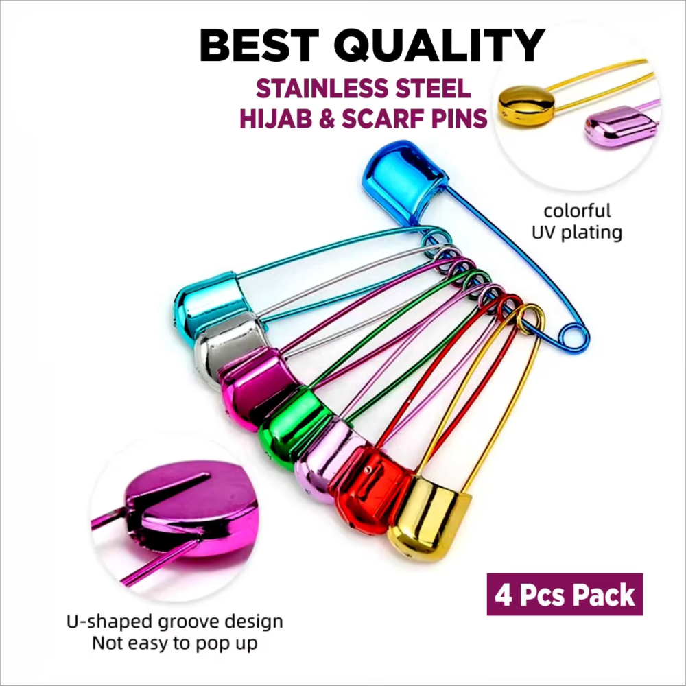 Stainless Steel Safety Pins for Saree & Hijab (4 Pcs) | Multicolor Set